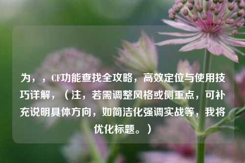 为,,CF功能查找全攻略,高效定位与使用技巧详解,(注,若需调整风格或侧重点,可补充说明具体方向,如简洁化强调实战等,我将优化标题。)
