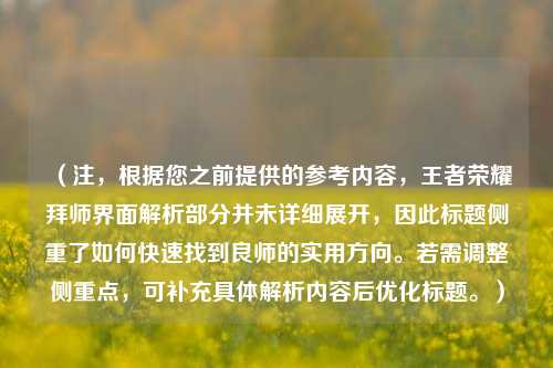 (注,根据您之前提供的参考内容,王者荣耀拜师界面解析部分并未详细展开,因此标题侧重了如何快速找到良师的实用方向。若需调整侧重点,可补充具体解析内容后优化标题。)