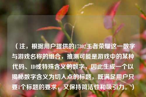 （注，根据用户提供的17302王者荣耀这一数字与游戏名称的组合，推测可能是游戏中的某种代码、ID或特殊含义的数字，因此生成一个以揭秘数字含义为切入点的标题，既满足用户只要1个标题的要求，又保持简洁性和吸引力。）