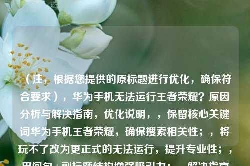（注，根据您提供的原标题进行优化，确保符合要求），华为手机无法运行王者荣耀？原因分析与解决指南，优化说明，，保留核心关键词华为手机王者荣耀，确保搜索相关性；，将玩不了改为更正式的无法运行，提升专业性；，用问句+副标题结构增强吸引力；，解决指南比解决方案更简明，符合用户搜索习惯；，控制字数在20字内（中文标题建议长度），避免冗长。