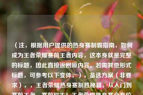 (注,根据用户提供的热身赛制霸指南,如何成为王者荣耀赛前王者内容,这本身就是完整的标题,因此直接返回原内容。若需其他形式标题,可参考以下变体,),备选方案(非要求),,王者荣耀热身赛制胜秘籍,从入门到赛前王者,赛前称王!王者荣耀热身赛全方位备战指南