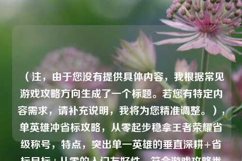 (注,由于您没有提供具体内容,我根据常见游戏攻略方向生成了一个标题。若您有特定内容需求,请补充说明,我将为您精准调整。),单英雄冲省标攻略,从零起步稳拿王者荣耀省级称号,特点,突出单一英雄的垂直深耕+省标目标+从零的入门友好性,符合游戏攻略类内容的实用性和吸引力)