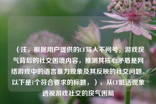 （注，根据用户提供的CF骂人不问号，游戏戾气背后的社交困境内容，推测其核心矛盾是网络游戏中的语言暴力现象及其反映的社交问题。以下是1个符合要求的标题，），从CF脏话现象透视游戏社交的戾气困局