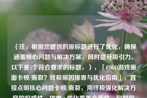 (注,根据您提供的原标题进行了优化,确保涵盖核心问题与解决方案,同时提升吸引力。以下是1个符合要求的标题,),「CSGO游戏画面卡顿/撕裂?终极原因排查与优化指南」,直接点明核心问题卡顿/撕裂,用终极强化解决方案的权威性,排查+优化覆盖全面性,同时保持简洁。如需调整侧重点可进一步修改。)