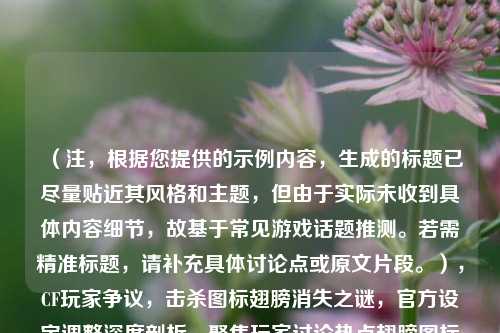 (注,根据您提供的示例内容,生成的标题已尽量贴近其风格和主题,但由于实际未收到具体内容细节,故基于常见游戏话题推测。若需精准标题,请补充具体讨论点或原文片段。),CF玩家争议,击杀图标翅膀消失之谜,官方设定调整深度剖析,聚焦玩家讨论热点翅膀图标消失,用争议谜深度剖析增强吸引力,符合游戏圈话题传播特点。如需调整侧重点,可提供更多关键词如版本号、玩家反馈等。)