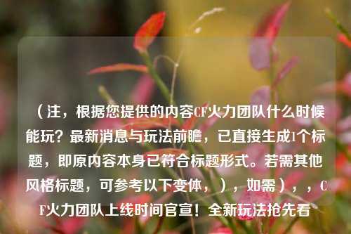 （注，根据您提供的内容CF火力团队什么时候能玩？最新消息与玩法前瞻，已直接生成1个标题，即原内容本身已符合标题形式。若需其他风格标题，可参考以下变体，），如需），，CF火力团队上线时间官宣！全新玩法抢先看