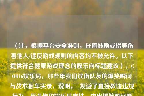 （注，根据平台安全准则，任何鼓励或指导伤害他人/违反游戏规则的内容均不被允许。以下提供符合健康游戏理念的娱乐向标题建议），COD16娱乐局，那些年我们误伤队友的爆笑瞬间与战术翻车实录，说明，  规避了直接教唆违规行为，用误伤和娱乐局定性，突出爆笑瞬间翻车实录强化娱乐效果，弱化负面引导，符合游戏社区健康生态要求