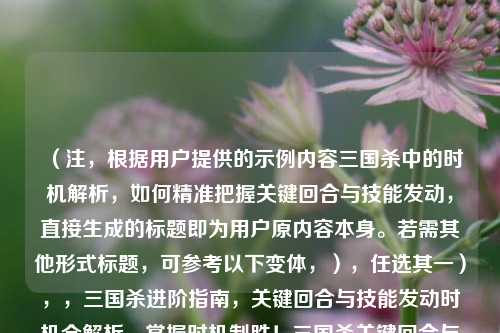 （注，根据用户提供的示例内容三国杀中的时机解析，如何精准把握关键回合与技能发动，直接生成的标题即为用户原内容本身。若需其他形式标题，可参考以下变体，），任选其一），，三国杀进阶指南，关键回合与技能发动时机全解析，掌握时机制胜！三国杀关键回合与技能释放策略