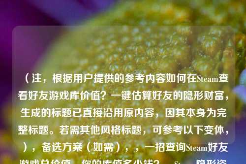 （注，根据用户提供的参考内容如何在Steam查看好友游戏库价值？一键估算好友的隐形财富，生成的标题已直接沿用原内容，因其本身为完整标题。若需其他风格标题，可参考以下变体，），备选方案（如需），，一招查询Steam好友游戏总价值，你的库值多少钱？，Steam隐形资产探测，快速估算好友游戏库价值，想知道好友Steam游戏花了多少？这个方法3秒出结果