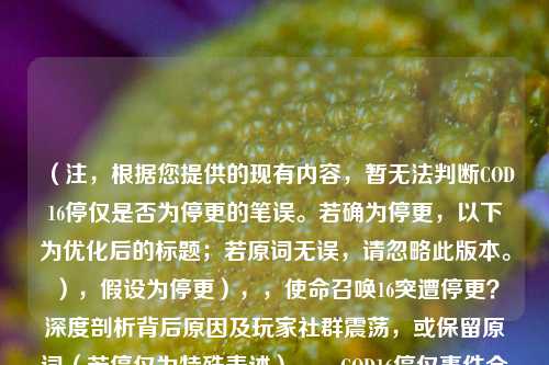 （注，根据您提供的现有内容，暂无法判断COD16停仅是否为停更的笔误。若确为停更，以下为优化后的标题；若原词无误，请忽略此版本。），假设为停更），，使命召唤16突遭停更？深度剖析背后原因及玩家社群震荡，或保留原词（若停仅为特殊表述），，COD16停仅事件全解读，开发方决策内幕与玩家争议实录