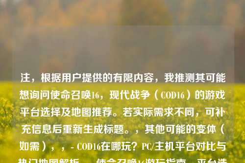 注,根据用户提供的有限内容,我推测其可能想询问使命召唤16,现代战争(COD16)的游戏平台选择及地图推荐。若实际需求不同,可补充信息后重新生成标题。,其他可能的变体(如需),,- COD16在哪玩?PC/主机平台对比与热门地图解析,- 使命召唤16游玩指南,平台选择与必玩对战地图,- 想玩COD16?这些平台和地图让你爽快开战
