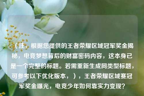 (注,根据您提供的王者荣耀区域冠军奖金揭秘,电竞梦想背后的财富密码内容,这本身已是一个完整的标题。若需重新生成同类型标题,可参考以下优化版本,),王者荣耀区域赛冠军奖金曝光,电竞少年如何靠实力变现?