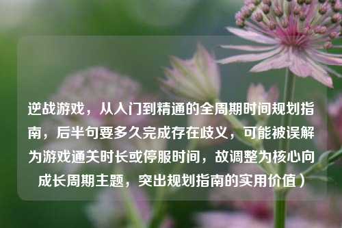 逆战游戏,从入门到精通的全周期时间规划指南,后半句要多久完成存在歧义,可能被误解为游戏通关时长或停服时间,故调整为核心向成长周期主题,突出规划指南的实用价值)