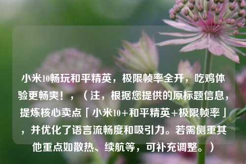 小米10畅玩和平精英,极限帧率全开,吃鸡体验更畅爽!,(注,根据您提供的原标题信息,提炼核心卖点「小米10+和平精英+极限帧率」,并优化了语言流畅度和吸引力。若需侧重其他重点如散热、续航等,可补充调整。)